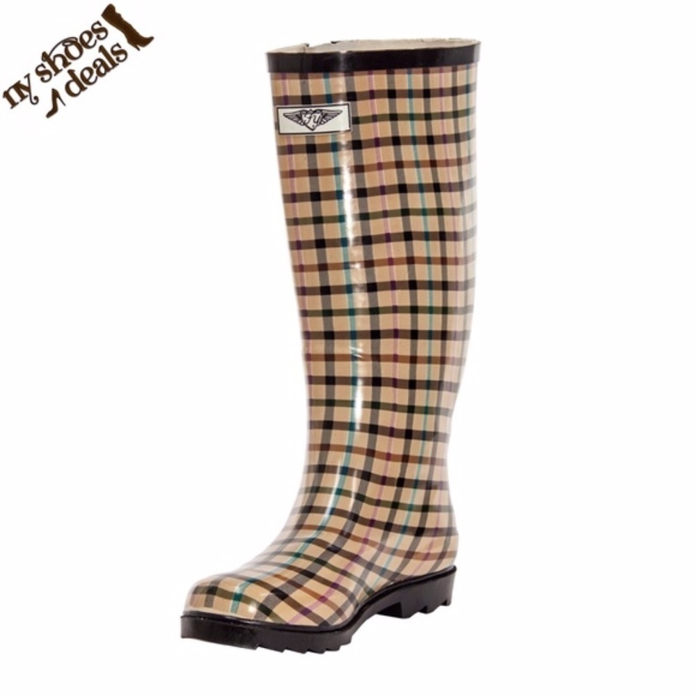 Women Rubber Rain Boots, Lines Plaid Garden Rainboots